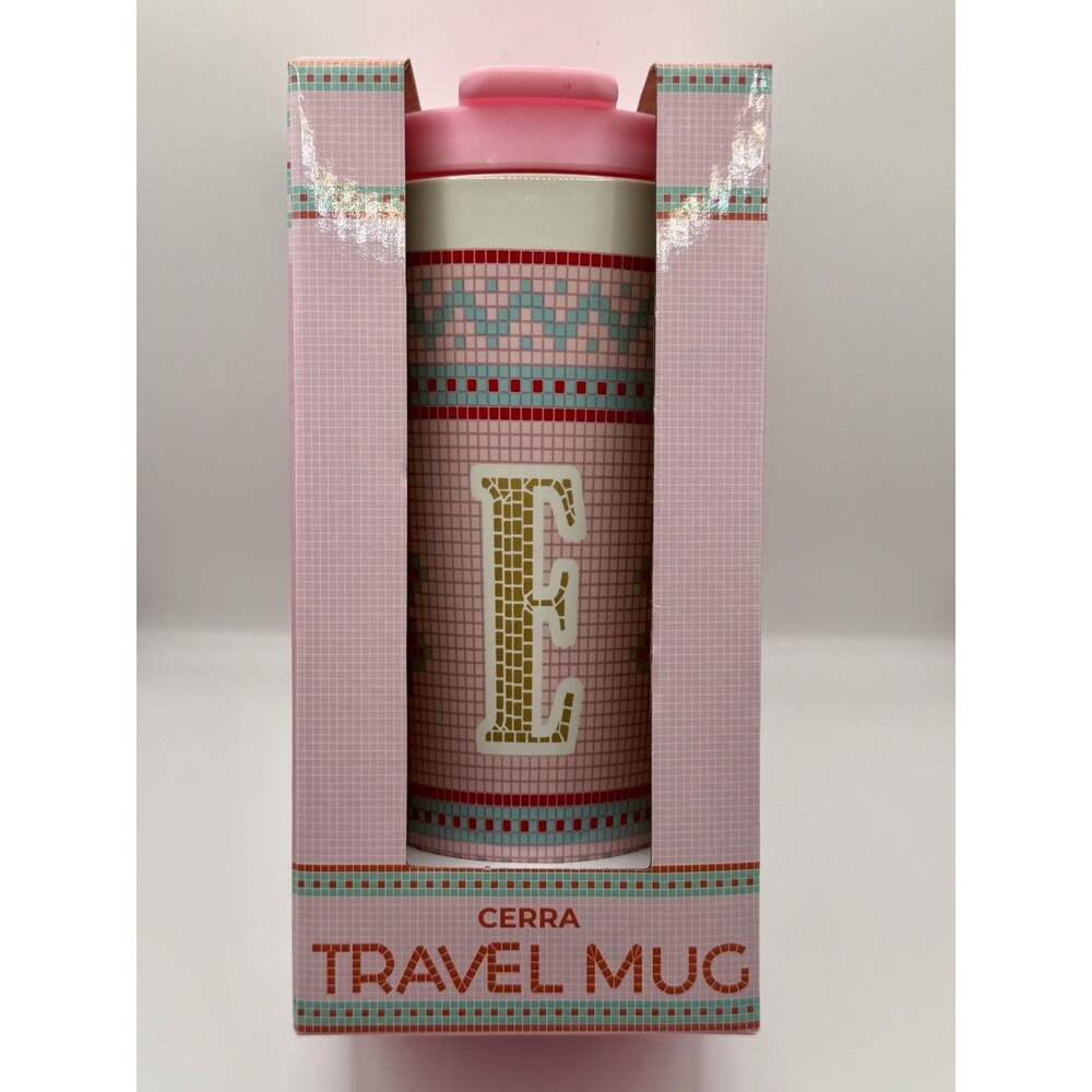 Cerra Monogram E Christmas Travel Mug 18 oz Pink Ceramic Snowflake Holiday New